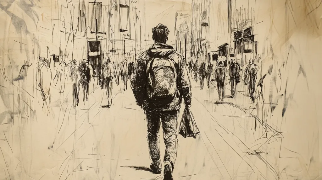 A pen-and-ink sketch depicts a person with a backpack walking away from the viewer down a city street. The style is impressionistic, with quick, sketchy lines suggesting the movement of people and buildings. The central figure is rendered with more detail than the background crowd, emphasizing their solitude amidst the urban bustle.  The overall tone is muted, evoking a feeling of quiet contemplation within a busy environment.  The aged, off-white paper adds a vintage quality to the piece.