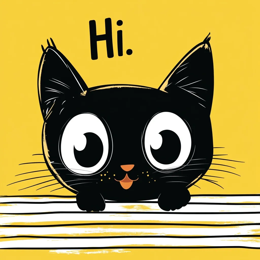 Here's a description of the image:

The image is a cheerful cartoon of a black cat peeking over a striped surface.  The cat has large, expressive eyes, a small orange nose, and a playful, slightly open mouth. Its fur is depicted with a slightly textured, sketchy style. The word "Hi." is written in bold, black lettering above the cat. The background is a solid, bright yellow, contrasting with the black cat and the off-white stripes of the surface it's on. The overall style is cute and playful.