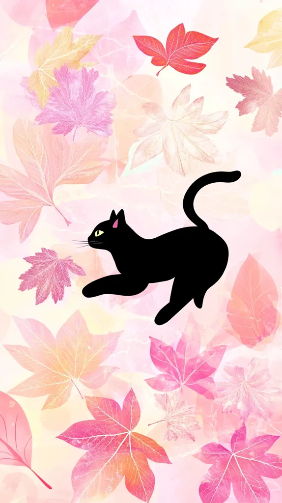 A black cat, rendered in a simple silhouette, leaps across a backdrop of delicate, pastel-colored leaves. The leaves, in shades of pink, orange, and peach, appear translucent, suggesting a watercolor or pressed-flower effect. The overall style is whimsical and autumnal, with a soft, romantic feel. The cat's bright yellow eyes stand out against its dark form. The image evokes a sense of gentle movement and playful energy within a serene autumnal setting.