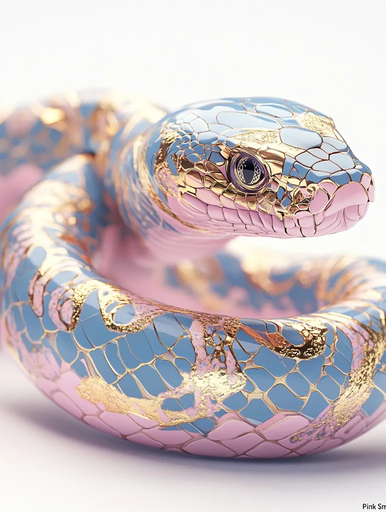 Here's a description of the image:

The image showcases a digitally rendered snake, coiled in a graceful loop.  Its scales are a striking combination of pastel pink and light blue, accented with gold detailing that looks like metallic paint or inlay. The snake's head is raised, its eye visible and realistic despite the fantastical coloring.  The overall style is sleek and luxurious, suggesting a high-fashion or artistic interpretation of a reptile. The background is plain white, emphasizing the snake's vibrant colors and intricate design.