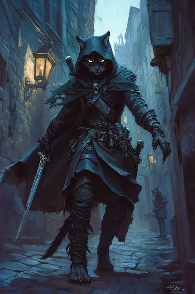 A feline humanoid, cloaked and armed with a dagger, strides down a dimly lit alleyway.  The character, appearing as a black cat in human-like form, possesses intense yellow eyes.  Their tattered cloak and worn leather belt suggest a life of adventure or hardship.  A smaller, similarly anthropomorphic creature is visible in the background, adding to the fantasy setting. The overall mood is dark and mysterious, hinting at intrigue.
