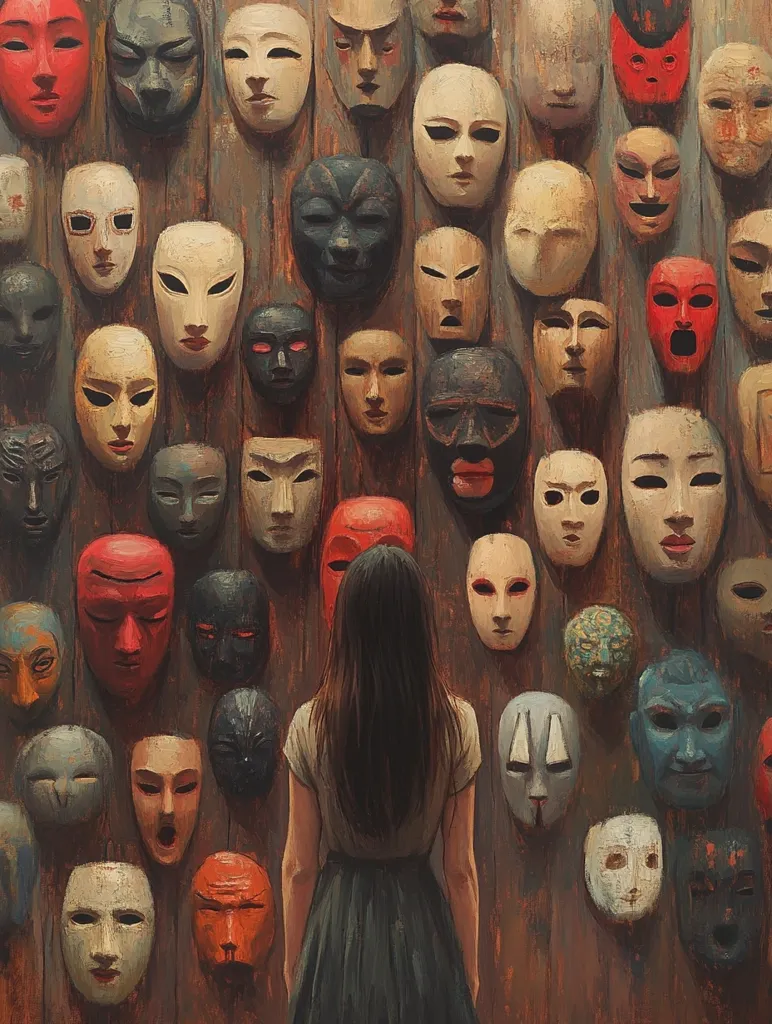 A young woman with long brown hair stands before a wall densely covered in a variety of masks. The masks are diverse in expression and style, ranging from serene to menacing, some colorful and others muted. The wooden wall provides a rustic backdrop, enhancing the almost museum-like display. The scene evokes a feeling of mystery and contemplation, as the woman appears to ponder the different faces, and the many identities they represent.  The overall impression is one of hidden identities and the search for authenticity.