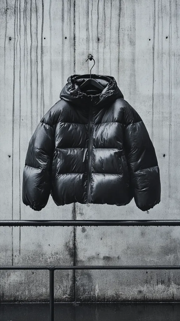 A black, hooded puffer jacket hangs on a simple black hanger against a weathered gray concrete wall.  The jacket is oversized and appears to be made of a shiny, water-resistant material. Water streaks run down the wall, adding to the image's moody, minimalist aesthetic.  The scene is monochromatic, emphasizing the texture of both the jacket and the background.  A dark metal railing is visible in the foreground.