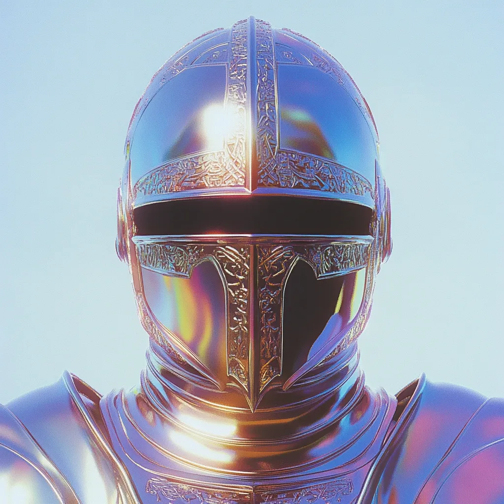 Close-up view of a knight's helmet and upper torso, rendered in a stylized, iridescent metallic finish. The helmet is ornate, featuring intricate detailing and a visor. The armor shows similar elaborate carvings. The overall aesthetic is futuristic yet reminiscent of medieval knightly attire, with a striking color palette dominated by shimmering gold, pink, and purple hues. The background is a soft, light blue.