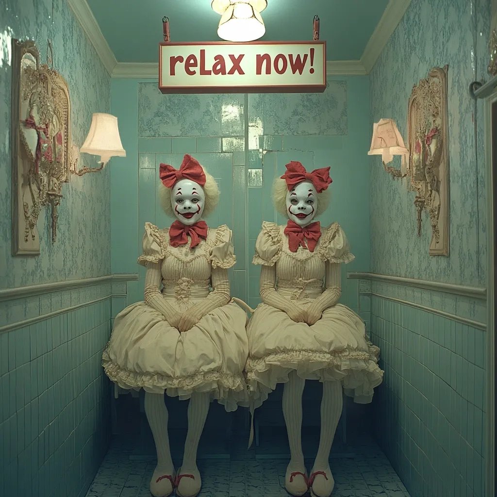 Two identical twin girls, dressed in antique-style cream dresses and clown makeup, sit side-by-side in a small, teal-tiled room.  They wear large red bows in their hair and have unnervingly similar expressions. A sign above them reads "relax now!" in bold red letters, creating a disturbing juxtaposition of tranquility and unease. The room's ornate, vintage decor adds to the unsettling atmosphere. The overall image evokes a feeling of gothic horror or surreal fantasy.