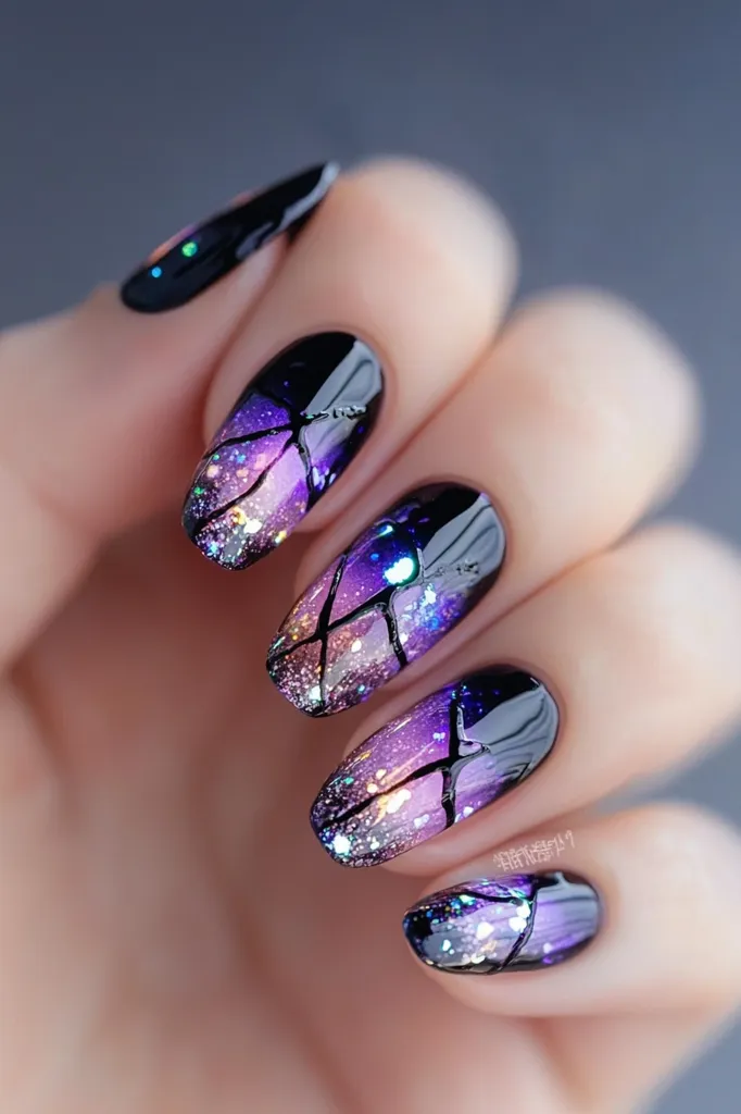 Close-up view of a hand showcasing meticulously manicured nails.  Each nail features a dark base transitioning into a gradient of purple and pink, accented with black crackle detailing and iridescent glitter. The overall effect is a glamorous, dark, and sparkly manicure with a galaxy-like aesthetic. The nails are long and oval-shaped, contributing to the elegant look.