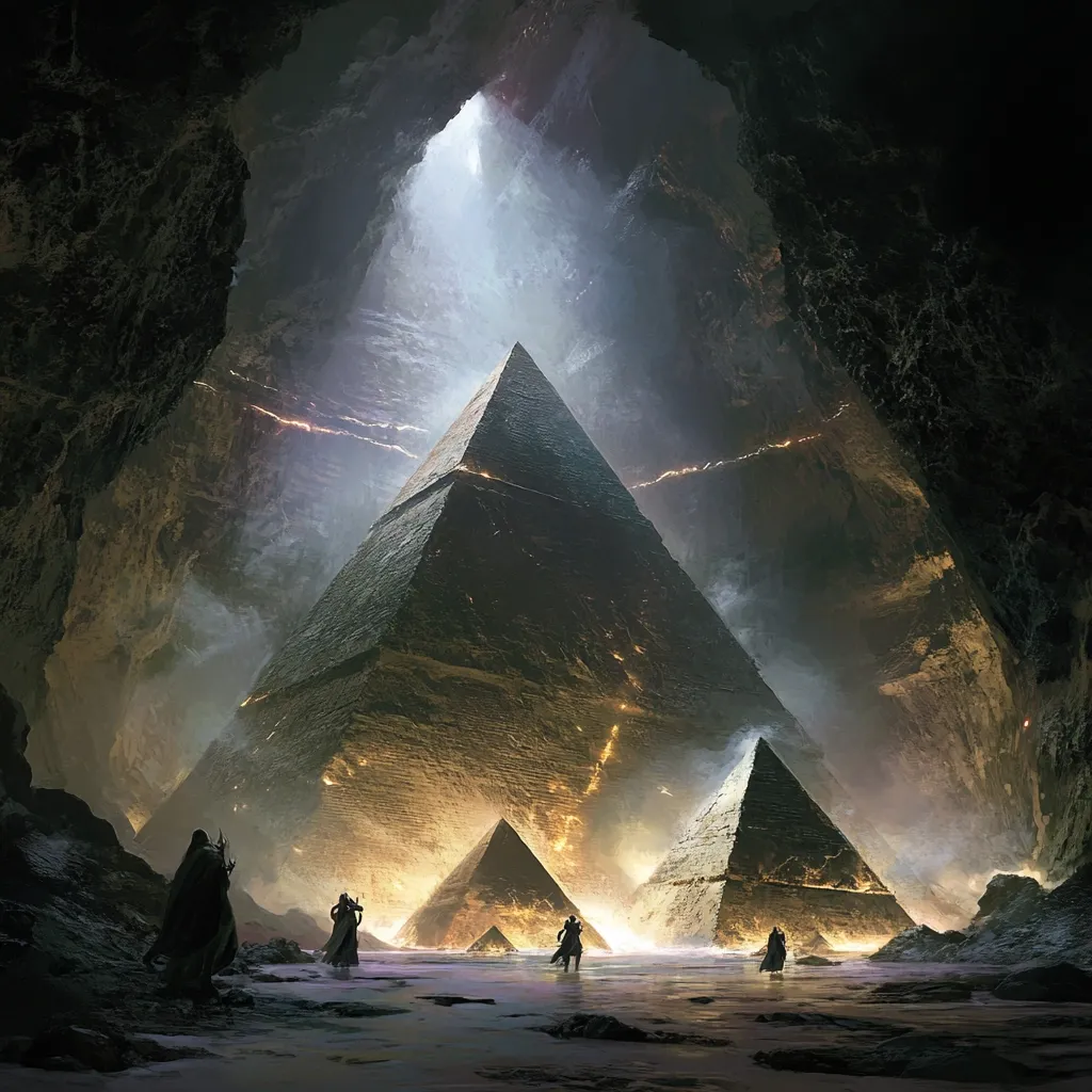 Here's a description of the image:

The image depicts a breathtaking subterranean scene.  Three massive pyramids, illuminated from within with a warm, golden light, stand in a vast cavern.  The largest pyramid dominates the center, flanked by two smaller ones. The cavern walls are dark and imposing, with streaks of light hinting at unseen fissures.  Several cloaked figures stand on a flat, reflective surface at the base of the pyramids, dwarfed by the scale of the ancient structures.  A mystical, almost otherworldly atmosphere permeates the scene, suggesting a hidden, ancient civilization or a powerful, unknown energy source.