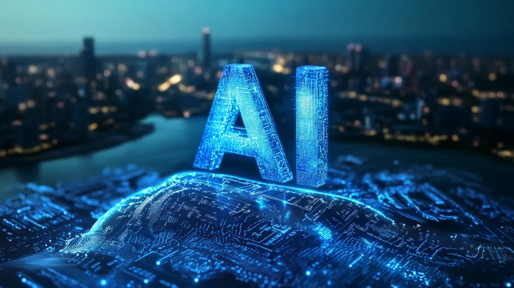The image depicts a glowing, three-dimensional "AI" rendered in a futuristic, circuit-board style. The letters rest on a wave-like surface, also illuminated with circuit patterns, suggesting a technological landscape. In the blurred background, a nighttime cityscape is visible, implying the broad application and impact of artificial intelligence across urban environments. The overall aesthetic is sleek, modern, and emphasizes the digital nature of AI.