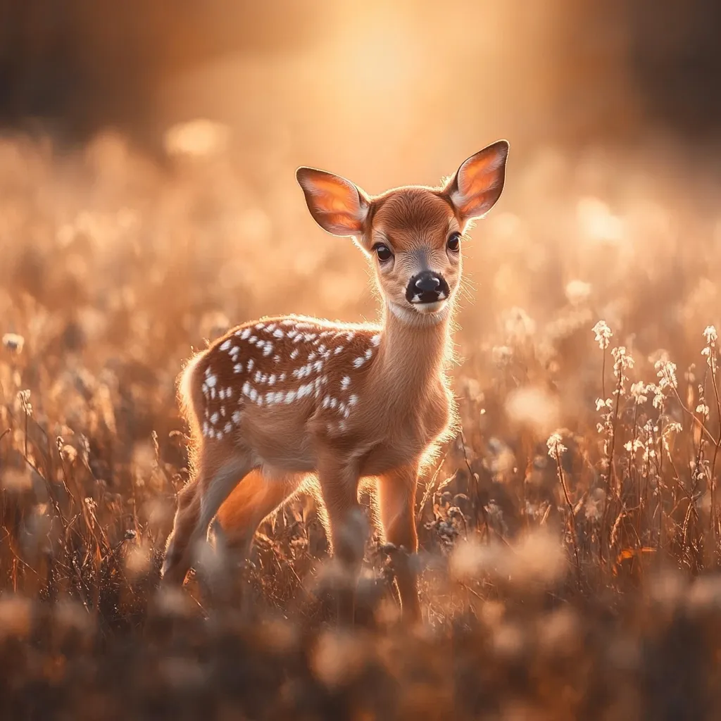 Here's a description of the image:

The photograph showcases a young fawn, its coat a warm, light brown speckled with white spots. It stands in a field of tall, dry grasses bathed in the golden light of either sunrise or sunset.  The fawn is positioned slightly off-center, gazing directly at the camera with a curious and endearing expression. The background is softly blurred, creating a bokeh effect that emphasizes the fawn and the warm, ambient lighting. The overall mood is serene and peaceful, evoking a sense of the beauty of nature.