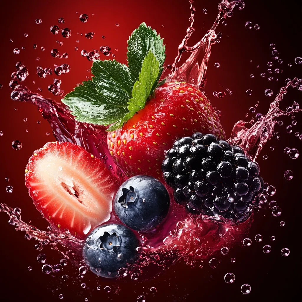 Here's a description of the image:

A vibrant close-up captures a medley of fresh berries—strawberries, blueberries, and blackberries—suspended in a dramatic splash of crimson liquid.  A whole strawberry, a sliced strawberry half, and two blueberries are prominently featured alongside a plump blackberry. Lush green leaves add a touch of freshness. The dark red background contrasts beautifully with the bright, juicy fruits, creating a visually appealing and appetizing image. The overall effect is one of dynamism and deliciousness.