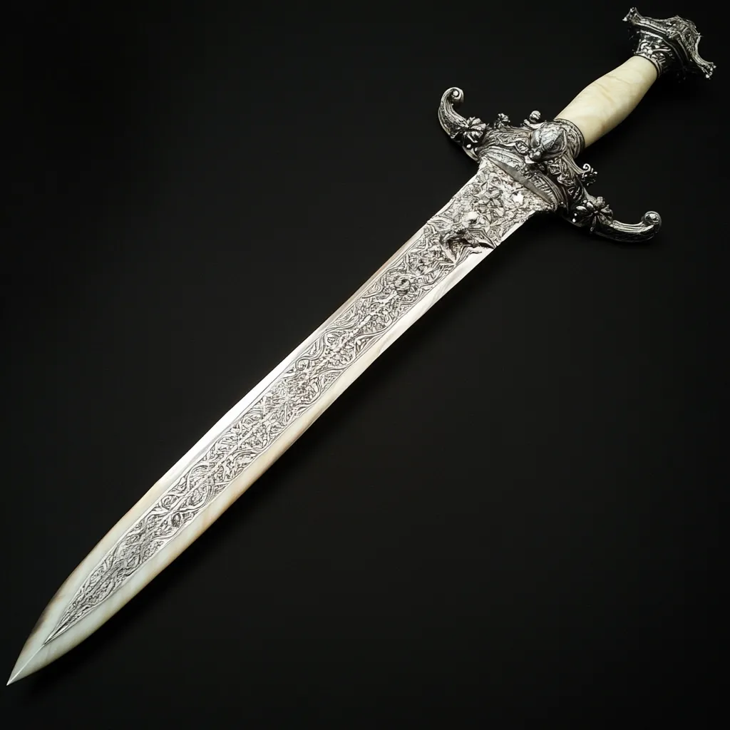 Here's a description of the image:

The photograph showcases an intricately designed silver sword against a stark black backdrop.  The blade is slender and long, adorned with an elaborate, repeating floral pattern etched into its surface. The hilt is similarly detailed, featuring ornate carvings and a light-colored, possibly bone or ivory, grip. The overall aesthetic suggests a ceremonial or decorative sword, rather than one intended for practical combat. The lighting is carefully controlled, highlighting the textures and details of the silverwork.  The image's composition emphasizes the elegant lines and craftsmanship of the sword.