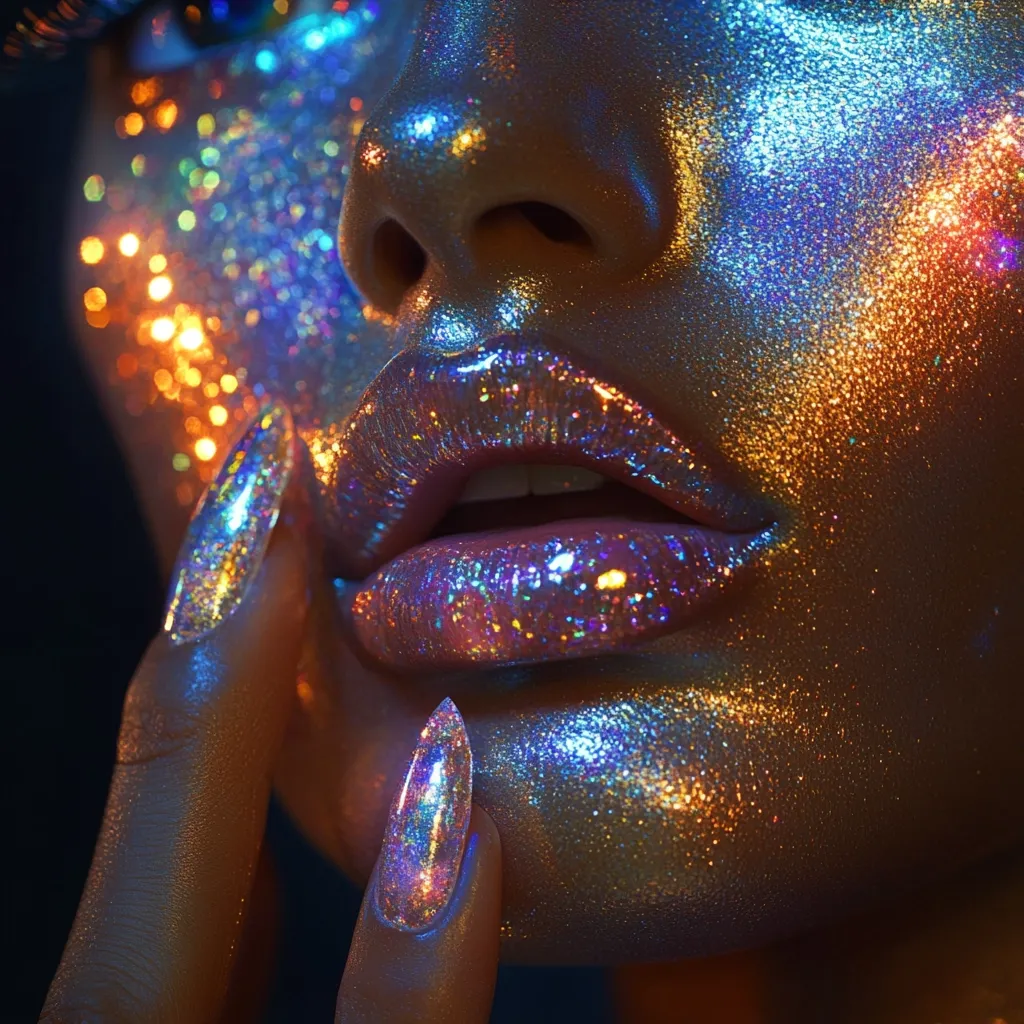 Close-up of a woman's face adorned with iridescent glitter, creating a mesmerizing, otherworldly effect.  Her lips and cheeks are heavily coated in the shimmering particles, which also decorate her long, pointed nails. The colors shift from blues and purples to oranges and golds, reflecting light in a dazzling display. The image evokes a sense of fantasy and glamour.