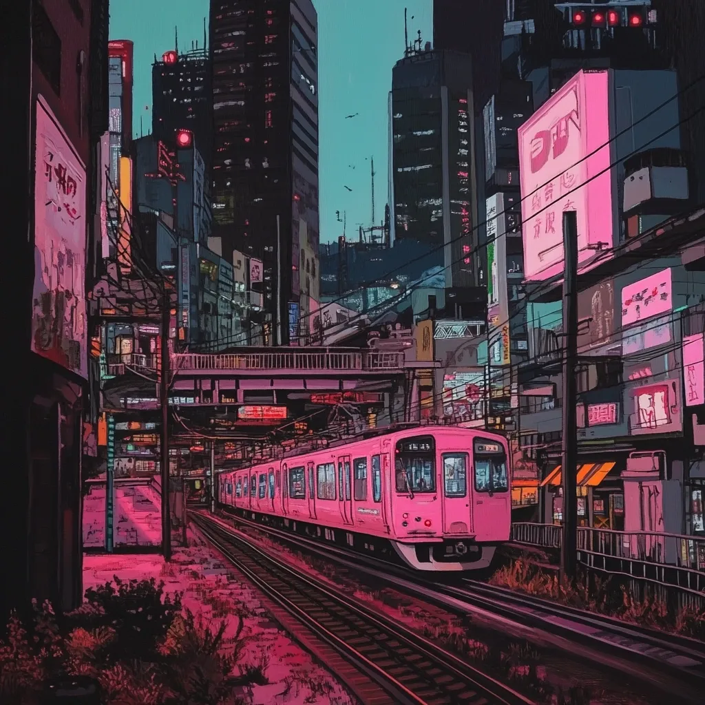 A vibrant illustration depicts a pink electric train traversing a bustling cityscape at dusk. Neon signs in pink and purple illuminate the densely packed buildings, creating a futuristic, anime-inspired aesthetic. The train tracks snake through a narrow passage between towering structures adorned with Japanese kanji and vibrant advertisements. The overall mood is a blend of energy and tranquility, a visually captivating juxtaposition of modern technology and traditional cityscapes.
