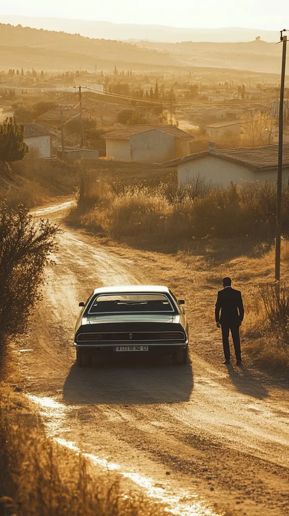 A vintage, dark-colored car drives down a dusty, rural road.  The setting sun casts a warm, golden light over a small village nestled in a rolling landscape. A lone man in a suit stands by the roadside, his back to the camera, observing the departing vehicle. The scene evokes a sense of quiet contemplation and perhaps a journey's end. The atmosphere is peaceful yet slightly melancholic.