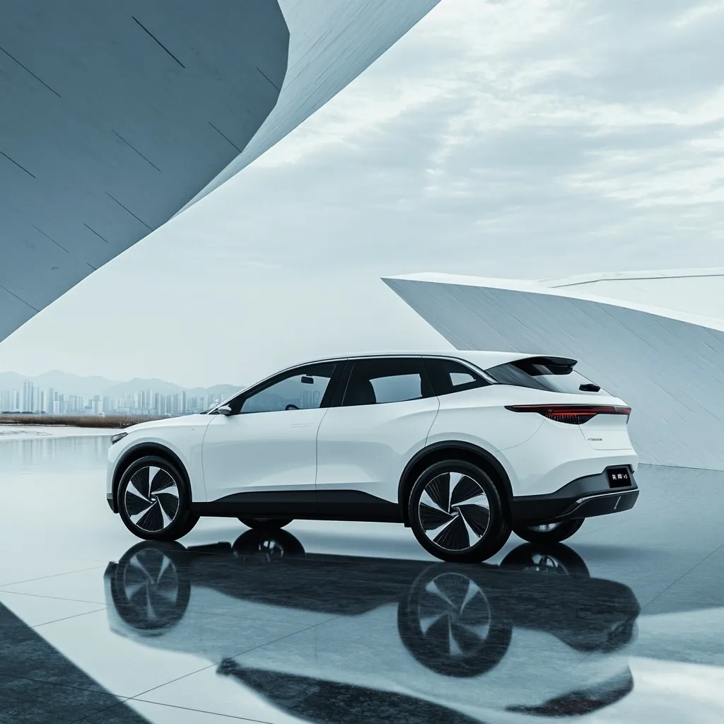 A sleek, white electric SUV is showcased against a minimalist backdrop of modern, curved architecture. The vehicle, reflecting in a polished floor, boasts a sporty design with black accents and distinctive wheel rims. A distant cityscape is faintly visible in the background, emphasizing the car's clean lines and futuristic aesthetic. The overall image projects a sense of luxury and technological advancement.