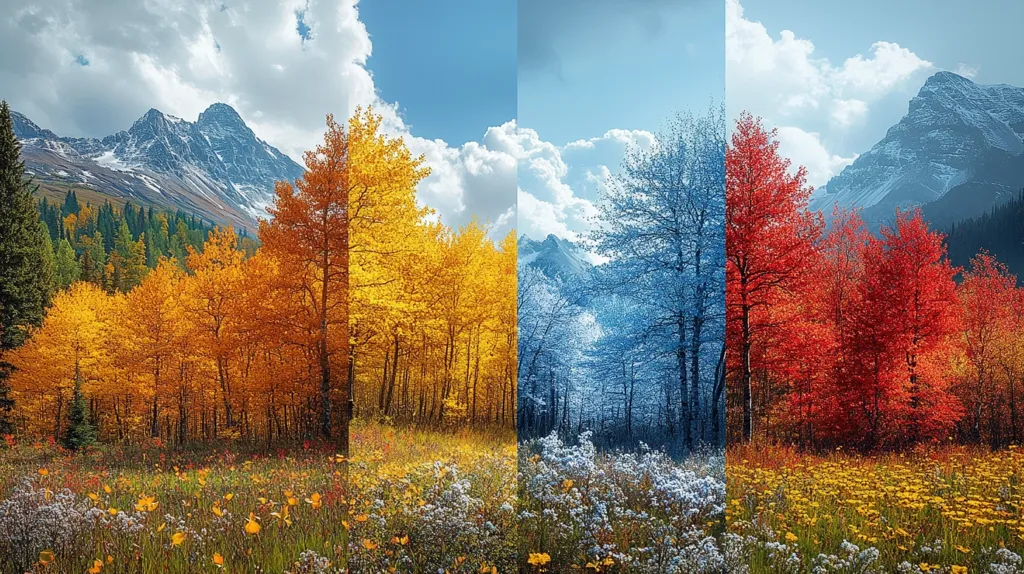 A quadriptych showcases the seasonal transformation of a mountain landscape.  The leftmost panel displays vibrant autumnal golds in the aspen trees, followed by a deep blue winter scene where the trees are bare and snow-dusted.  The right side transitions to fiery red autumn leaves, creating a visual representation of the cyclical nature of the year.  A field of wildflowers complements the changing foliage against a backdrop of snow-capped mountains.