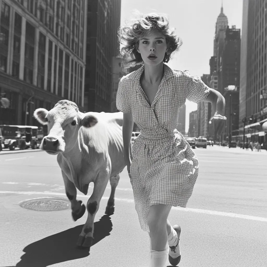 A black and white photograph captures a young woman in a gingham dress running down a New York City street.  A cow calmly ambles ahead of her.  The city's tall buildings form a dramatic backdrop.  The image presents a surreal juxtaposition of rural and urban elements, creating a sense of unexpectedness and perhaps even a hint of panic or urgency in the woman's expression. The high contrast and sharp focus enhance the image's striking composition.