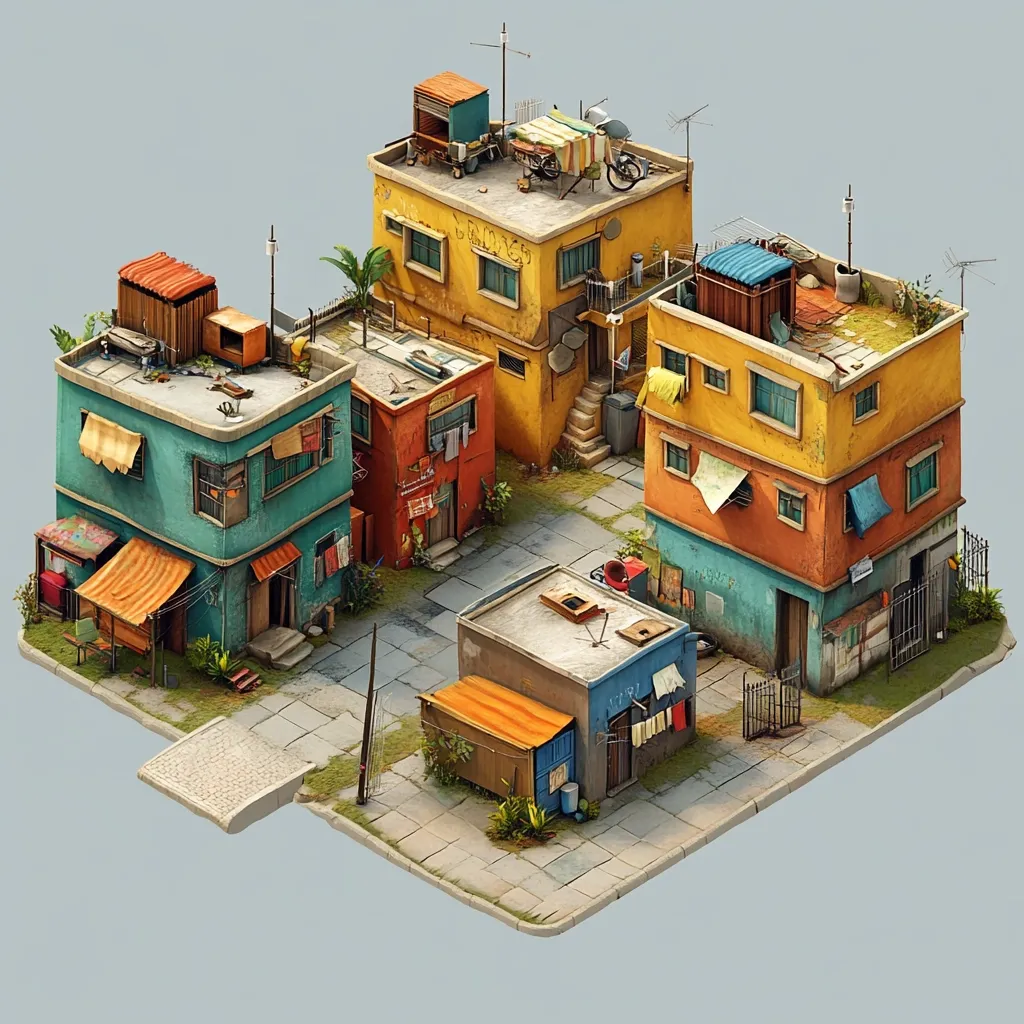 Here's a description of the image:

The image is a digital rendering of a small, densely packed neighborhood, possibly a favela.  Four main buildings, varying in color from teal to mustard yellow, are clustered together.  Each building is multi-storied and shows signs of age and wear, with exposed brick and haphazard additions.  Clothes hang on lines between buildings; satellite dishes and various objects clutter rooftops. Small shops and makeshift structures are visible at ground level.  The overall style is isometric, presenting a bird's-eye view of the scene with a slightly raised perspective.  The ground is textured paving stones, and sparse vegetation punctuates the scene, adding to the lived-in feel.