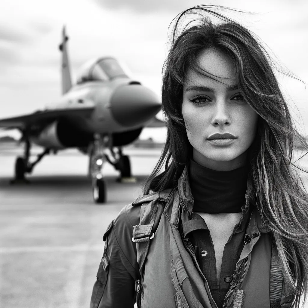 Here is a description of the image:

A black and white, eye-level, medium shot features a woman wearing a flight suit standing in front of a fighter jet on a runway. The woman is center frame, taking up most of the space and facing the viewer. Her long hair is blowing in the wind, and her expression is serious. The jet is in the background, slightly out of focus but still easily identifiable. The overall mood is dramatic and powerful, emphasizing both the woman's beauty and the power of the aircraft. The contrast between the woman and the military jet creates a striking visual.