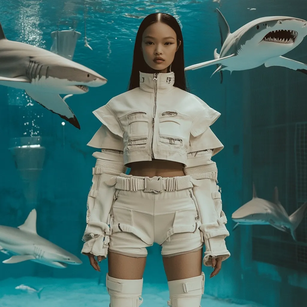 A fashion model, with long dark hair, poses underwater in a white, utilitarian-style cropped jacket and shorts. The outfit features multiple pockets and a belted waist.  She wears white knee-high boots.  Several sharks swim in the background, creating a dramatic contrast between the model's attire and the aquatic setting.  The overall image is striking and somewhat surreal.