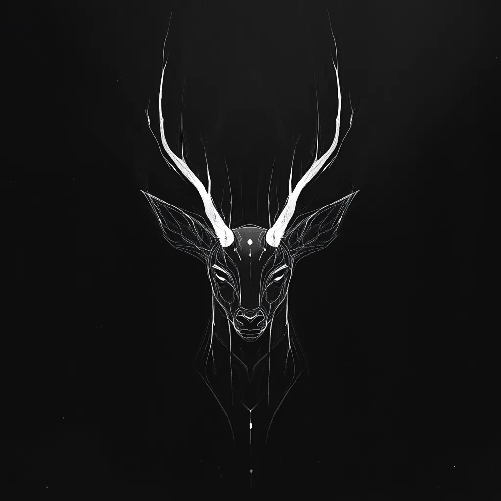 The image is a stylized illustration of a deer's head and upper chest against a black background.  Rendered in white lines, it has a minimalist, almost skeletal quality. The deer's antlers are large and intricately detailed, extending upward, while its face is serious, almost stern.  Small, symbolic markings adorn its forehead and neck. The overall aesthetic is dark, mystical, and somewhat gothic.