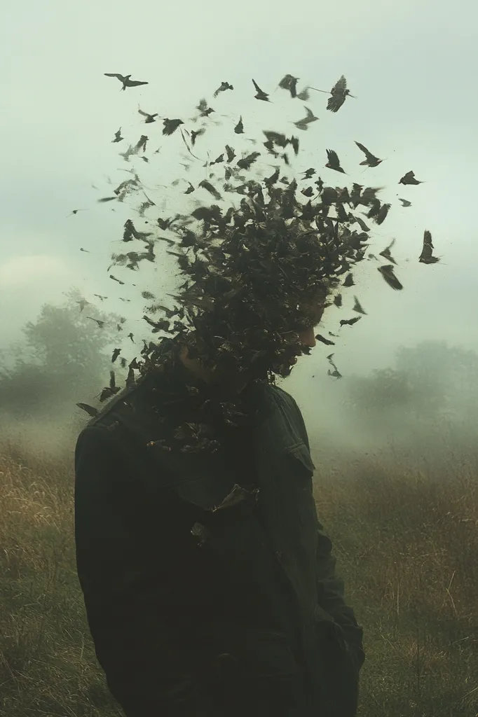 A person stands in a misty field, their head and shoulders seemingly dissolving into a flock of dark birds. The birds, numerous and in motion, create a surreal effect, blurring the boundary between the individual and the natural world. The overall atmosphere is melancholic and mysterious, suggesting themes of transformation, loss, or the overwhelming power of nature. The muted colors and soft focus enhance the dreamlike quality of the image.