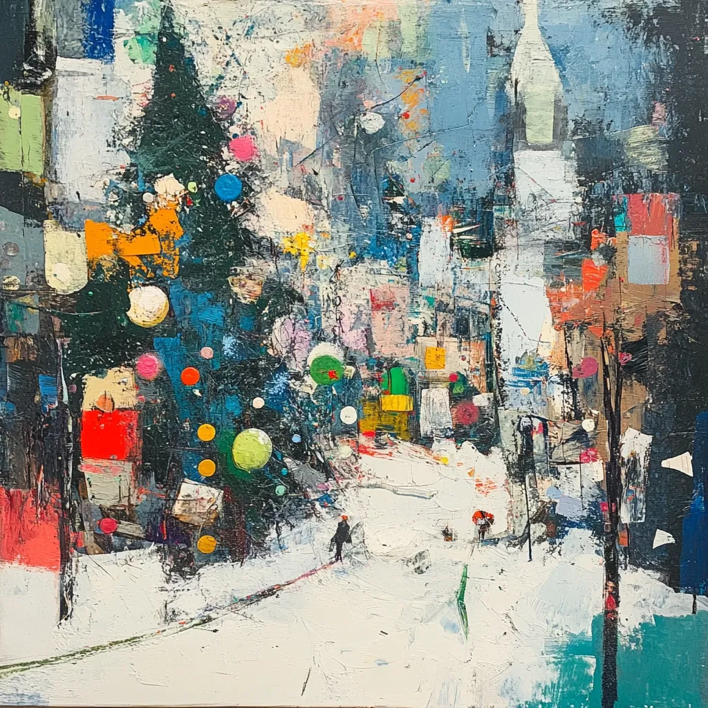An abstract expressionist painting depicts a snowy city scene centered around a large, decorated Christmas tree.  Bold, impasto brushstrokes in vibrant colors create a sense of energy and movement.  Geometric shapes and fragmented forms suggest buildings and streetlights, while figures are rendered simply, adding a touch of human scale to the largely abstract composition. The overall effect is a dynamic, colorful interpretation of a winter holiday setting.