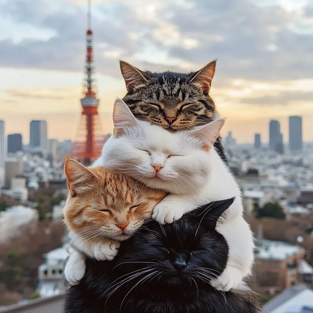 Here's a description of the image:

Four cats are piled on top of each other, peacefully sleeping.  A tabby cat is on top, nestled against a white cat below.  A ginger cat rests on the white cat's shoulders, and a black cat forms the base of the feline stack.  Their eyes are closed, conveying serenity. The blurry backdrop features a cityscape, prominently showing Tokyo Tower at sunset, creating a charming contrast between the urban setting and the cozy cat pile.