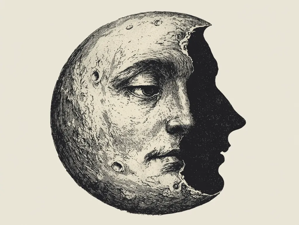 Here's a description of the image:

The illustration is a striking monochrome depiction of a crescent moon, intricately detailed to resemble a man's face. The visible portion of the moon's surface is textured with craters and shading, giving it a realistic, almost three-dimensional quality.  The face, partially obscured by shadow and the moon's fragmented edge, conveys a melancholic expression. The contrast between the light and dark areas creates a dramatic and somewhat unsettling mood. The style suggests a vintage or antique print, possibly from a scientific or artistic publication.