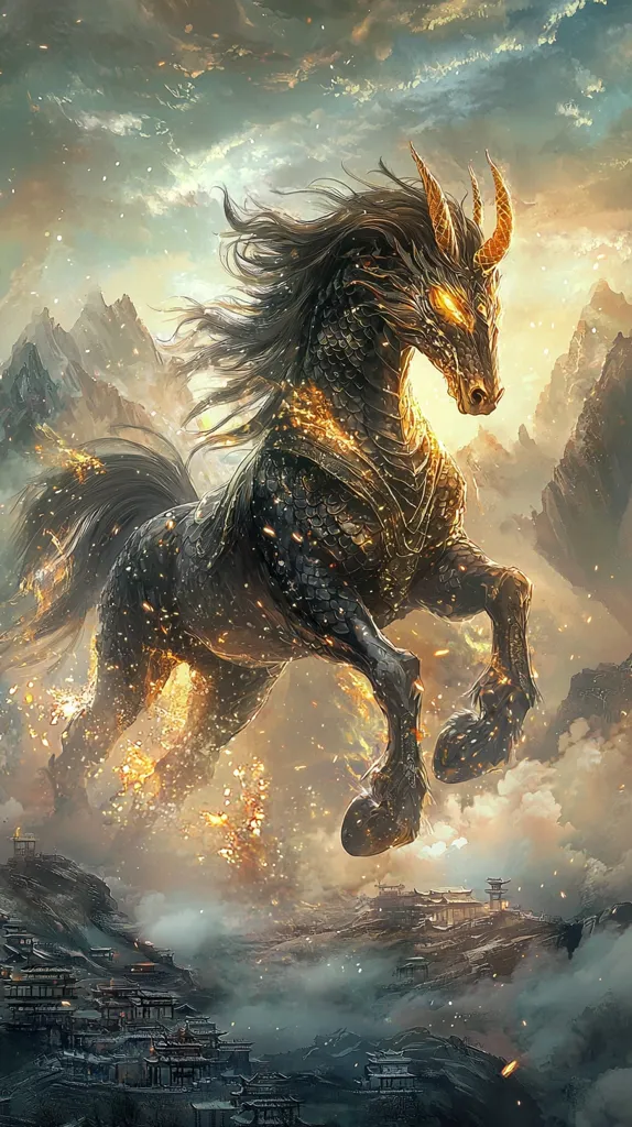 A majestic, dark-colored horse, seemingly made of obsidian and glowing with inner fire, leaps across a dramatic landscape.  Its horns curve backward, and its powerful body is detailed with intricate scales.  The horse appears to be a mythical creature, radiating power and energy.  Below, a misty valley unfolds, featuring a small village nestled amongst mountains, creating a stark contrast between the fantastical creature and the earthly setting.  The overall atmosphere is one of epic fantasy and intense energy.