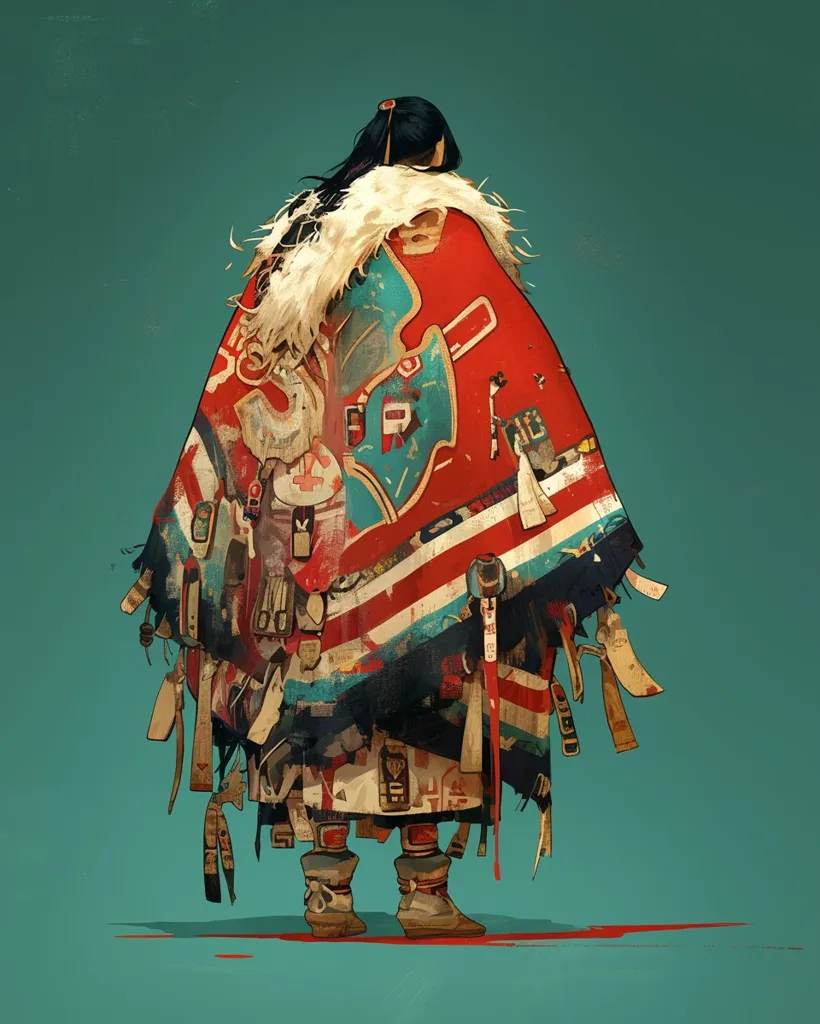 The illustration depicts a person, seemingly of indigenous heritage, viewed from behind. They are enveloped in a large, richly patterned cloak or poncho, primarily red and teal with white and black accents, adorned with various textures and embellishments.  The garment's frayed edges and attached tassels suggest age and wear.  A thick, light-colored fur trim lines the collar. The figure wears sturdy boots and their dark hair is tied back. The background is a solid teal, contrasting sharply with the vibrant cloak.  A few spots of red on the ground possibly suggest blood. The overall style is painterly and slightly abstract.