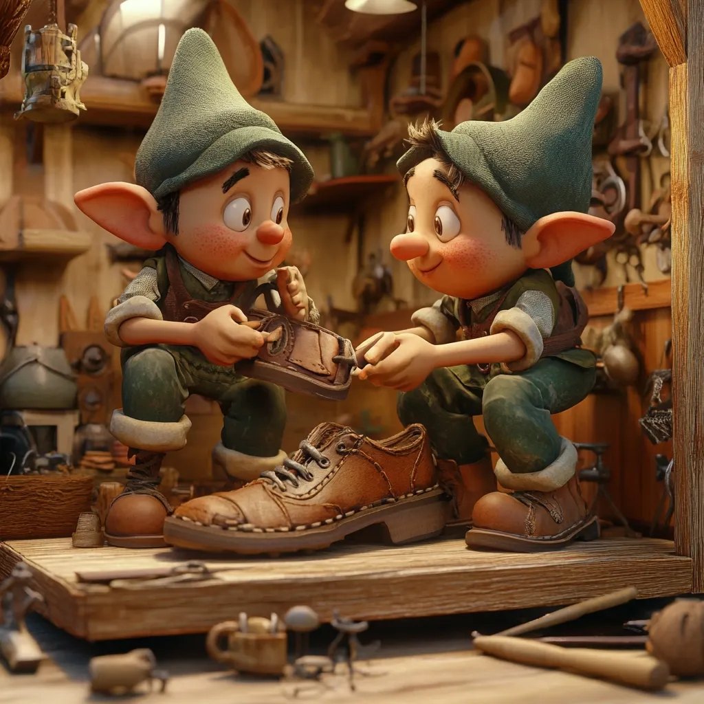 Two adorable elf cobblers, wearing matching green hats and overalls, meticulously work on a sturdy brown leather shoe in their cluttered workshop.  The scene is brimming with rustic charm, showcasing various tools and shoemaking supplies scattered across the wooden workbench.  One elf holds a leather piece, while the other carefully examines the shoe. The warm lighting enhances the detailed craftsmanship of both the elves and their workshop.