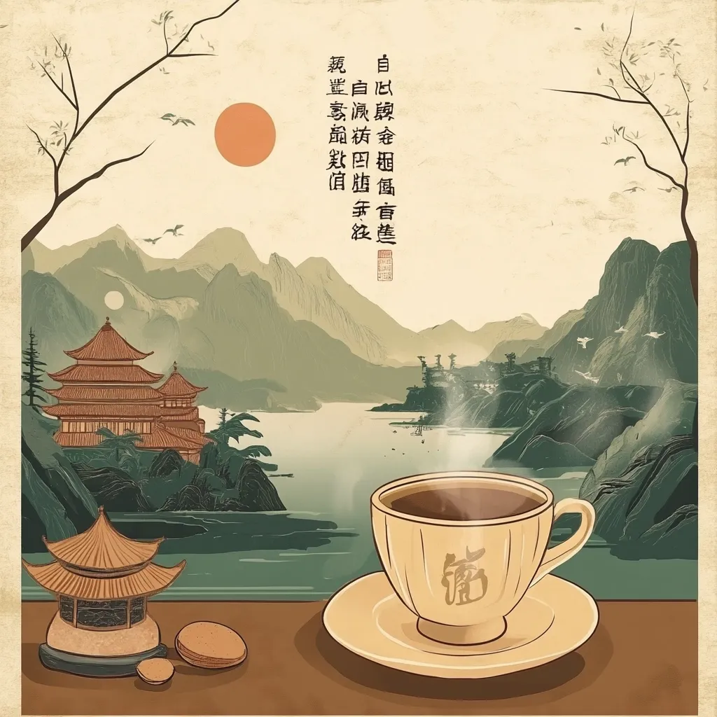 Here's a description of the image:

The illustration depicts a serene Asian landscape featuring a tranquil lake nestled between rolling green hills and mountains.  A traditional-style pagoda sits on the lakeshore. In the foreground, a steaming cup of tea rests on a saucer, accompanied by small pastries, suggesting a moment of peaceful contemplation.  The overall aesthetic is calm and minimalist, with muted greens, browns, and beige tones dominating the palette. A vertical column of Chinese characters is subtly incorporated into the design.  The sun, rendered as a simple orange circle, hangs low in the sky. The scene evokes a sense of tranquility and traditional Eastern aesthetics.