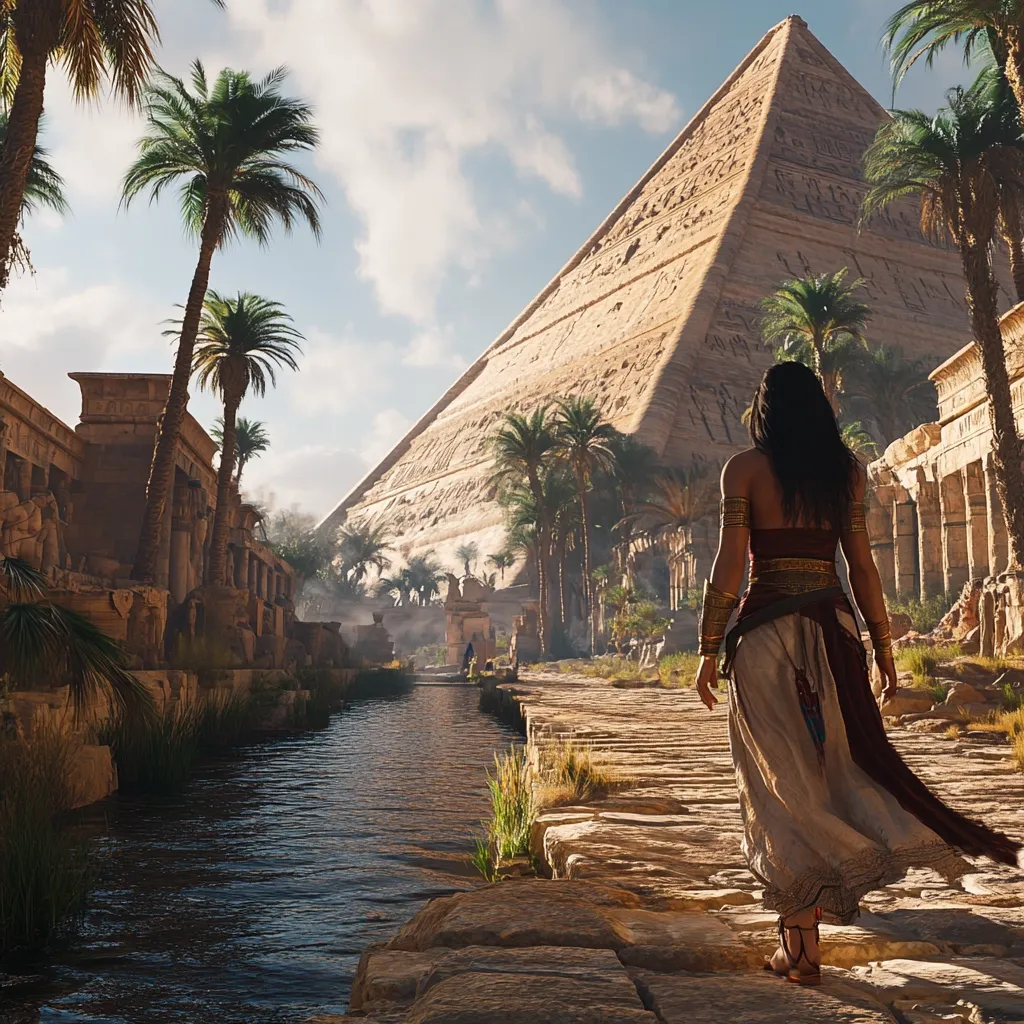 Here's a description of the image:

A woman, dressed in flowing, beige ancient Egyptian attire, walks away from the viewer along a stone path towards a massive pyramid.  The path borders a calm canal, flanked by ancient ruins and lush palm trees. The pyramid dominates the background, its stone surface detailed and textured.  The overall atmosphere is serene and evocative of ancient Egypt, bathed in the warm light of either sunrise or sunset.  A sense of mystery and adventure is conveyed through the scene's composition and the woman's solitary journey.