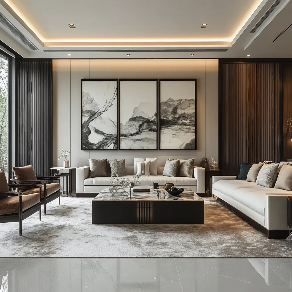 A modern, minimalist living room is depicted, featuring a neutral color palette of grays and whites.  A large, off-white sofa and sectional dominate the space, complemented by two leather armchairs.  A low, rectangular coffee table sits centrally, showcasing a marble top.  Three large abstract art pieces hang above the sofa, adding a touch of artistic flair.  The room boasts recessed lighting, sleek dark wood paneling, and large windows, creating a spacious and sophisticated atmosphere.  The overall design emphasizes clean lines and a calming ambiance.