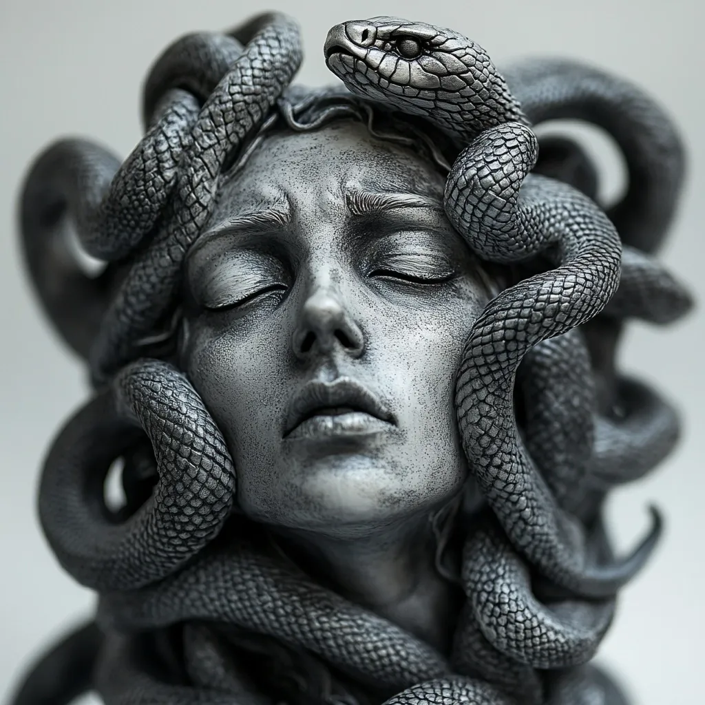 A meticulously crafted sculpture depicts Medusa, the Gorgon of Greek mythology.  Rendered in a monochromatic silver, the statue showcases a serene Medusa with her eyes closed, her face framed by a mass of intricately detailed snakes.  The snakes, with their textured scales, coil around her head and neck, creating a powerful and captivating image that balances beauty and terror. The sculpture's realism and attention to detail are striking.