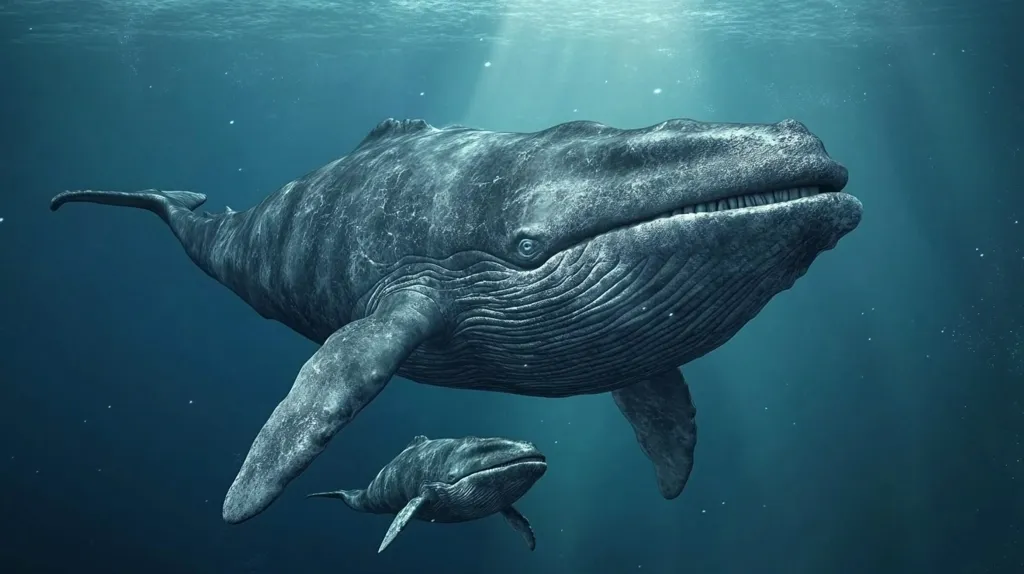 Here's a description of the image:

An underwater scene depicts a large humpback whale and its calf swimming gracefully in a deep blue ocean. Sunlight streams from above, illuminating the whales and creating a shimmering effect in the water. The adult whale is massive, with textured skin and visible baleen plates. The calf, smaller and proportionately similar, swims closely behind its mother.  The overall mood is serene and evokes the majesty and beauty of these magnificent creatures in their natural habitat.