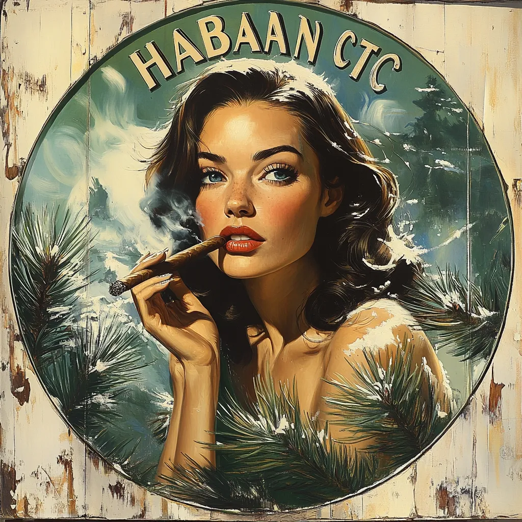 Here's a description of the image:

The artwork depicts a glamorous brunette woman, styled in a retro fashion, sensually holding a cigar.  She's framed within a circular, weathered sign bearing the text "HABAAN CTC," suggesting a brand or location name.  The background features a stylized winter landscape with snow-dusted pine branches partially obscuring her shoulders. The overall style blends pin-up art aesthetics with a vintage advertising poster look, creating a striking, evocative image.  The color palette is rich, employing deep greens, browns, and the woman's warm skin tones against the cool background.