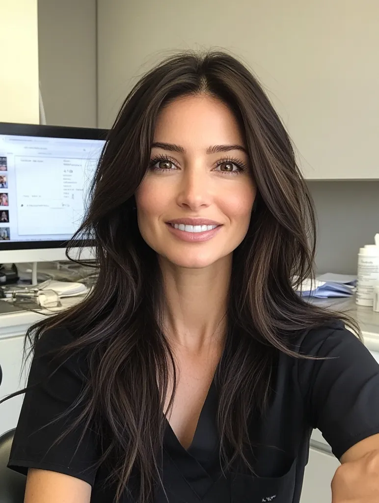 A woman with long, dark brown wavy hair smiles at the camera. She's wearing a black v-neck scrub top, suggesting a medical or healthcare profession.  Her makeup is subtly done, enhancing her natural features.  She's seated in an office setting, with a computer monitor partially visible in the background.  The overall impression is one of professionalism and natural beauty.