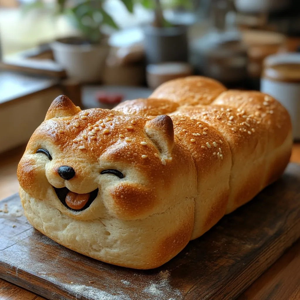 Here's a description of the image:

A delightful loaf of artisan bread is shaped like a smiling Shiba Inu dog.  The bread is golden-brown, with a slightly crusty exterior and a soft, fluffy interior.  Sesame seeds are sprinkled across the top.  The dog's features—eyes, nose, and mouth—are meticulously formed from the dough. The bread rests on a dark wooden cutting board, with a blurred background suggesting a cozy kitchen setting. The overall impression is one of warmth, creativity, and deliciousness.