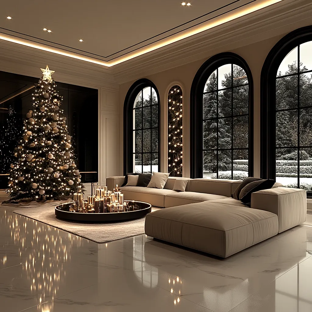 A luxurious living room is elegantly decorated for Christmas.  A large, beautifully decorated Christmas tree stands near a low, circular coffee table adorned with numerous lit candles.  A spacious, off-white sectional sofa anchors the room, facing large arched windows showcasing a snowy winter landscape.  The room's polished marble floor reflects the warm lighting, creating a sophisticated and festive atmosphere.  Recessed lighting and subtle crown molding add to the room's opulent design.