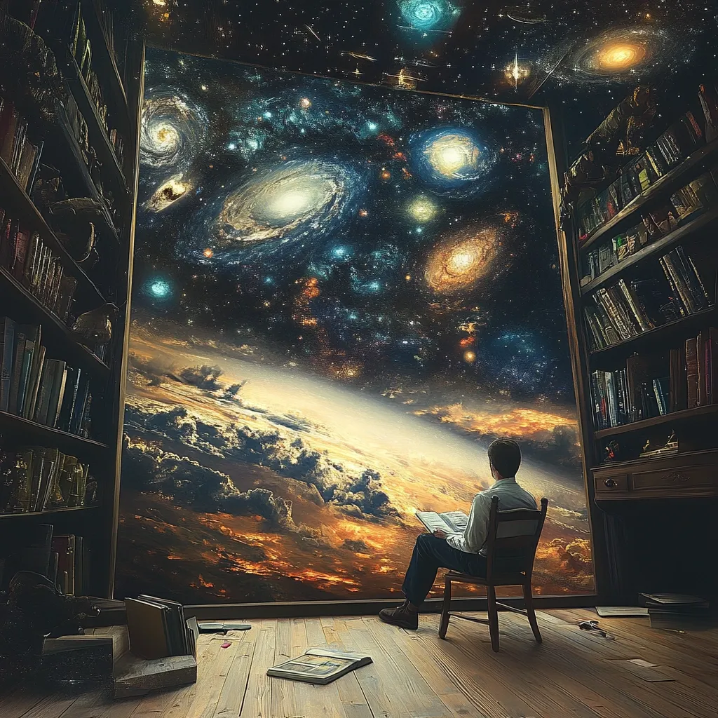 A man sits in a wooden chair in a room lined with bookshelves, engrossed in a book.  Before him stretches a fantastical view: a colossal window reveals a breathtaking cosmic panorama.  Numerous galaxies swirl across a dark, star-studded expanse, curving towards a fiery, cloud-strewn horizon resembling Earth. The scene blends the intimate setting of a study with the grandeur and mystery of the universe, suggesting a journey of imagination and discovery.