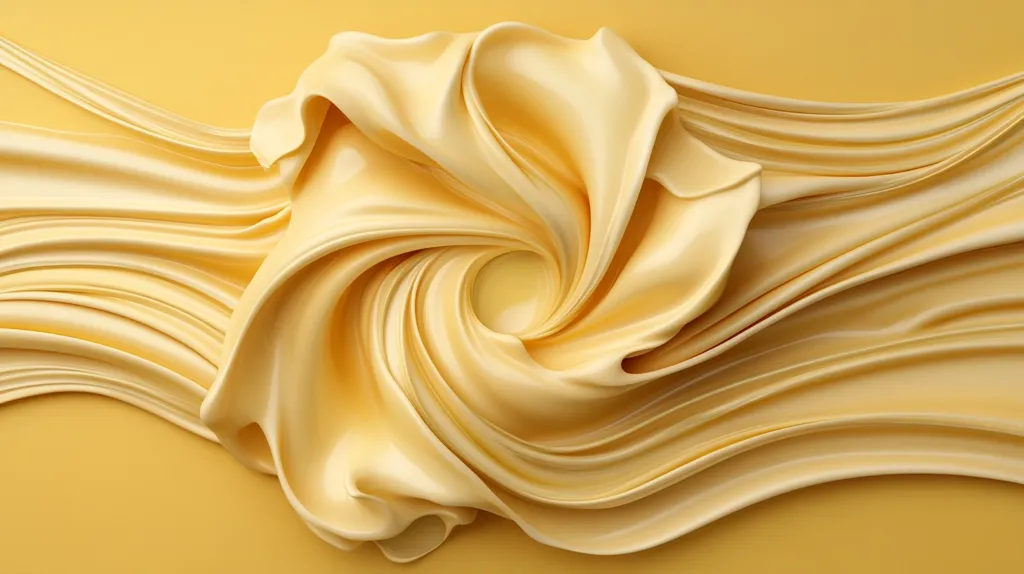 The image shows a swirling mass of pale yellow, creamy substance. It resembles a viscous liquid or a soft, pliable material, possibly butter or a similar consistency. The substance is elegantly draped and folded, creating a sense of fluidity and movement.  The central swirl draws the eye inward, while the flowing outer layers create a sense of luxurious texture and richness against a matching pale yellow background. The overall effect is one of smoothness and opulence.