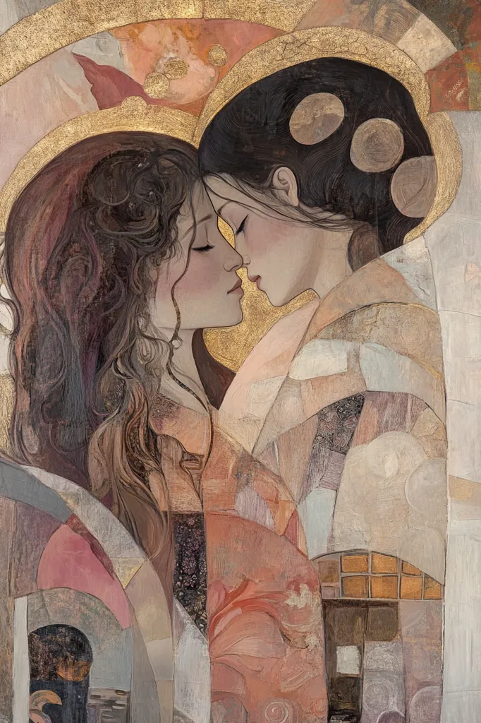 Here's a description of the image:

The artwork is a stylized portrait of two women in an embrace, their faces nearly touching in a tender moment.  Their hair is dark and flowing, contrasting with the soft, muted palette of pinks, peaches, and golds dominating the piece.  The background is an abstract composition of geometric shapes and swirling patterns, evoking a sense of movement and emotion.  Gold leaf accents add depth and luminosity. The painting's style blends elements of both realism and abstraction, creating a dreamlike and romantic atmosphere. The overall effect is one of intimacy and ethereal beauty.
