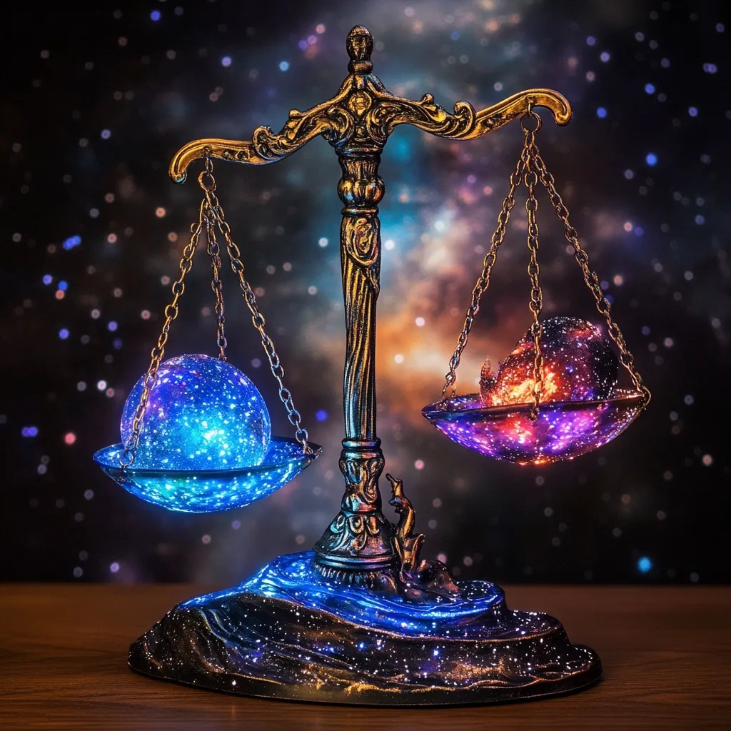 An ornate, metallic scale rests on a dark wooden surface against a backdrop of a vibrant, cosmic nebula.  Each scale pan holds a glowing orb, one predominantly blue, the other a fiery mix of orange and purple.  Both orbs resemble miniature galaxies, mirroring the celestial background.  The scale's design is intricate, with decorative flourishes and a central column. The overall image evokes a sense of balance and cosmic harmony.