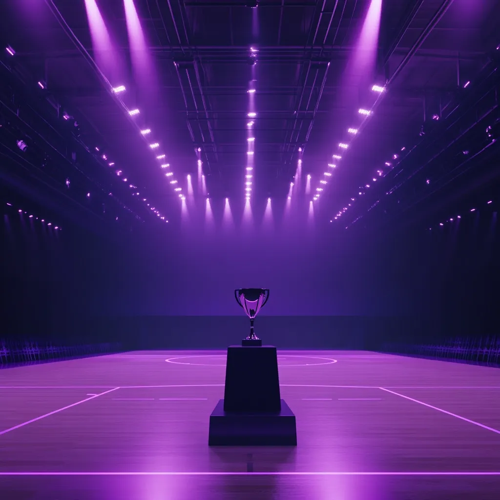 A lone trophy sits center court in an empty, dimly lit arena bathed in purple light.  The spotlights above cast dramatic beams across the polished floor, highlighting the emptiness of the space. The trophy, perched on a black pedestal, is the sole focus, suggesting a recent victory or an anticipation of a future event. The atmosphere is one of both triumph and quiet solitude.