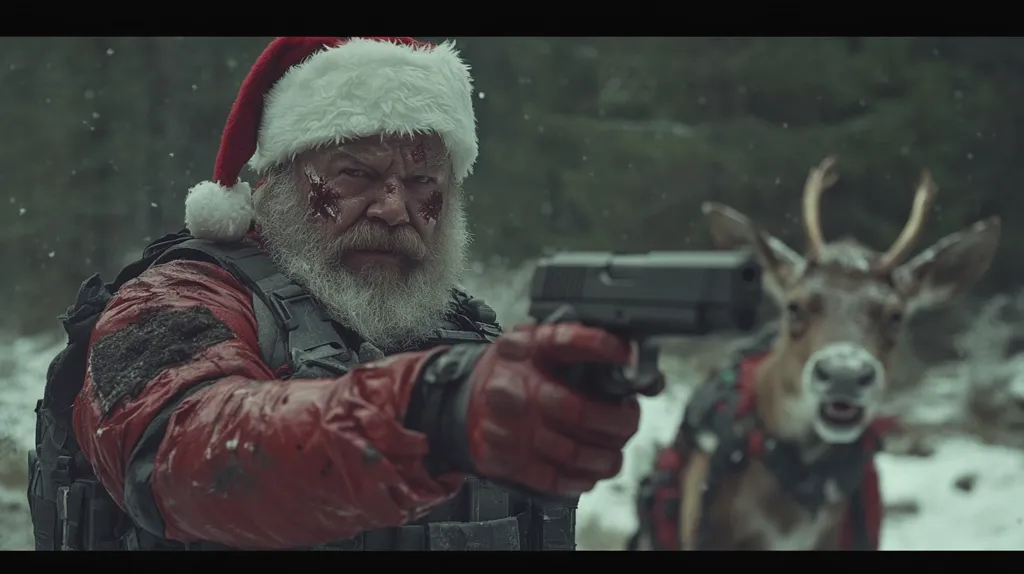 A weathered, battle-scarred Santa Claus, sporting a blood-stained Santa hat and red jacket, grips a handgun.  His expression is grim and determined.  He's clad in tactical gear, suggesting a hardened soldier. A reindeer, partially obscured, looks on, adding a jarring contrast to the scene's violent undertones.  Snow falls softly in a wintry forest setting. The image juxtaposes festive imagery with gritty realism.