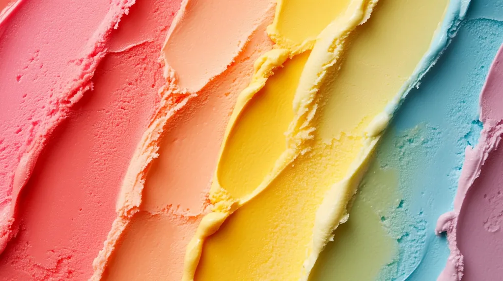A close-up shot showcases a vibrant array of pastel-colored ice cream, arranged in diagonal stripes.  The colors transition smoothly from a deep pink, through orange and yellow, to a light blue and finally a pale lavender.  The texture of the ice cream is creamy and slightly textured, suggesting a smooth, cold, and delicious treat.  The image is visually appealing and evokes a sense of sweetness and summer.