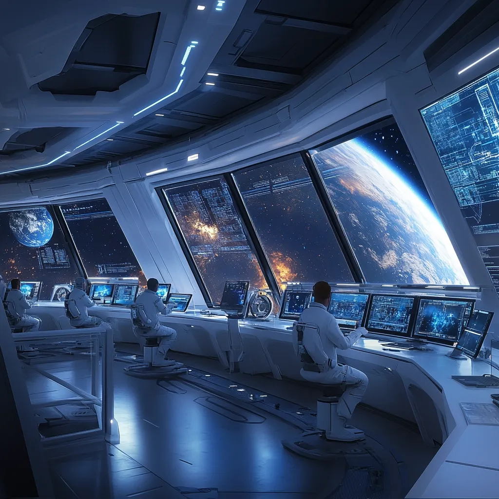 A futuristic spaceship bridge is depicted, showcasing several crew members in white uniforms seated at individual workstations.  Large, panoramic windows offer a stunning view of Earth and the cosmos beyond, with integrated digital displays overlaying real-time data and starfields. The interior is sleek, predominantly white with glowing blue accents, creating a technologically advanced and serene atmosphere. The scene suggests a moment of focused observation and control during space travel.