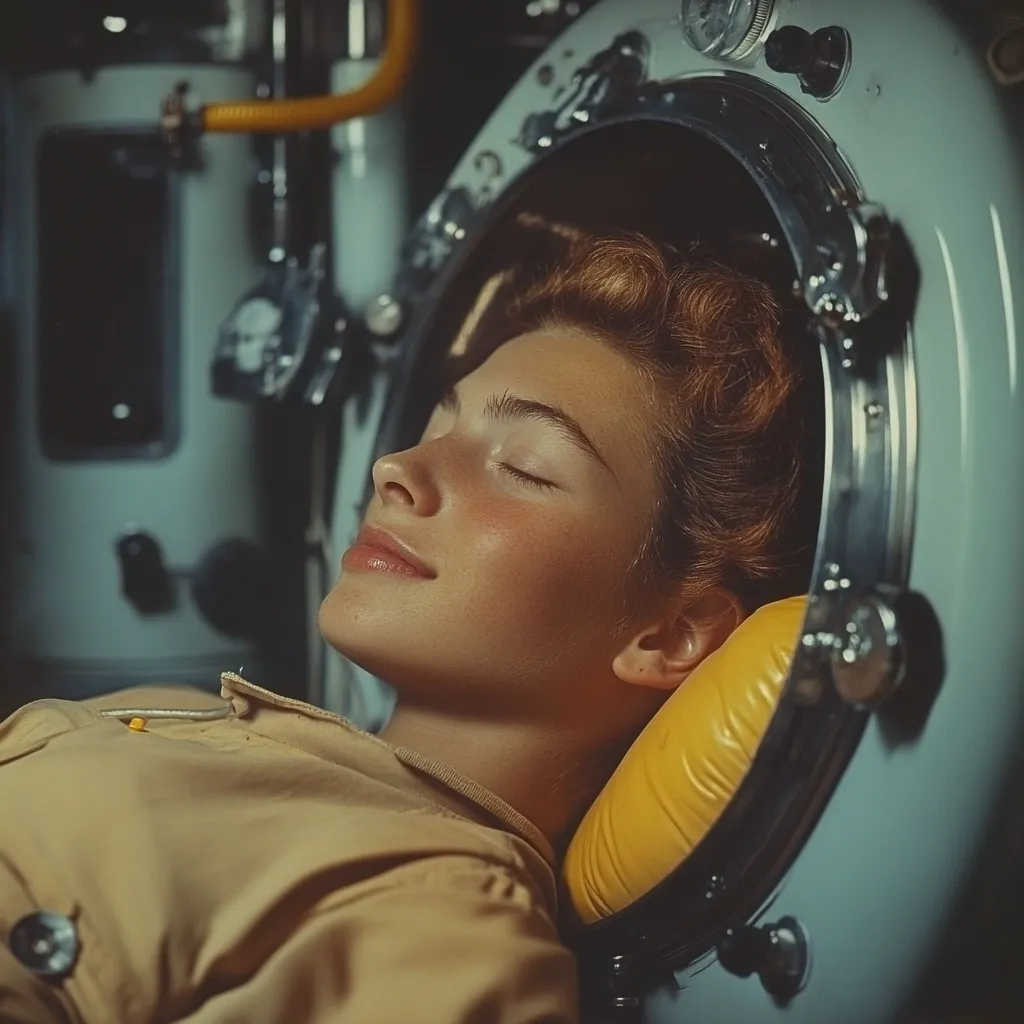 Here is a description of the image:

Close-up view of a young woman with reddish-brown hair lying peacefully with her eyes closed inside a circular metal chamber. The woman appears relaxed and possibly asleep, resting her head on a yellow cushion within the machine. The metal of the chamber is light teal, showing various dials, knobs, and other mechanical details. The background suggests a medical or scientific setting, with parts of other equipment visible. The overall mood is calm and slightly mysterious, creating a sense of curiosity about the device's purpose. The image's quality suggests it's likely from a vintage photograph.